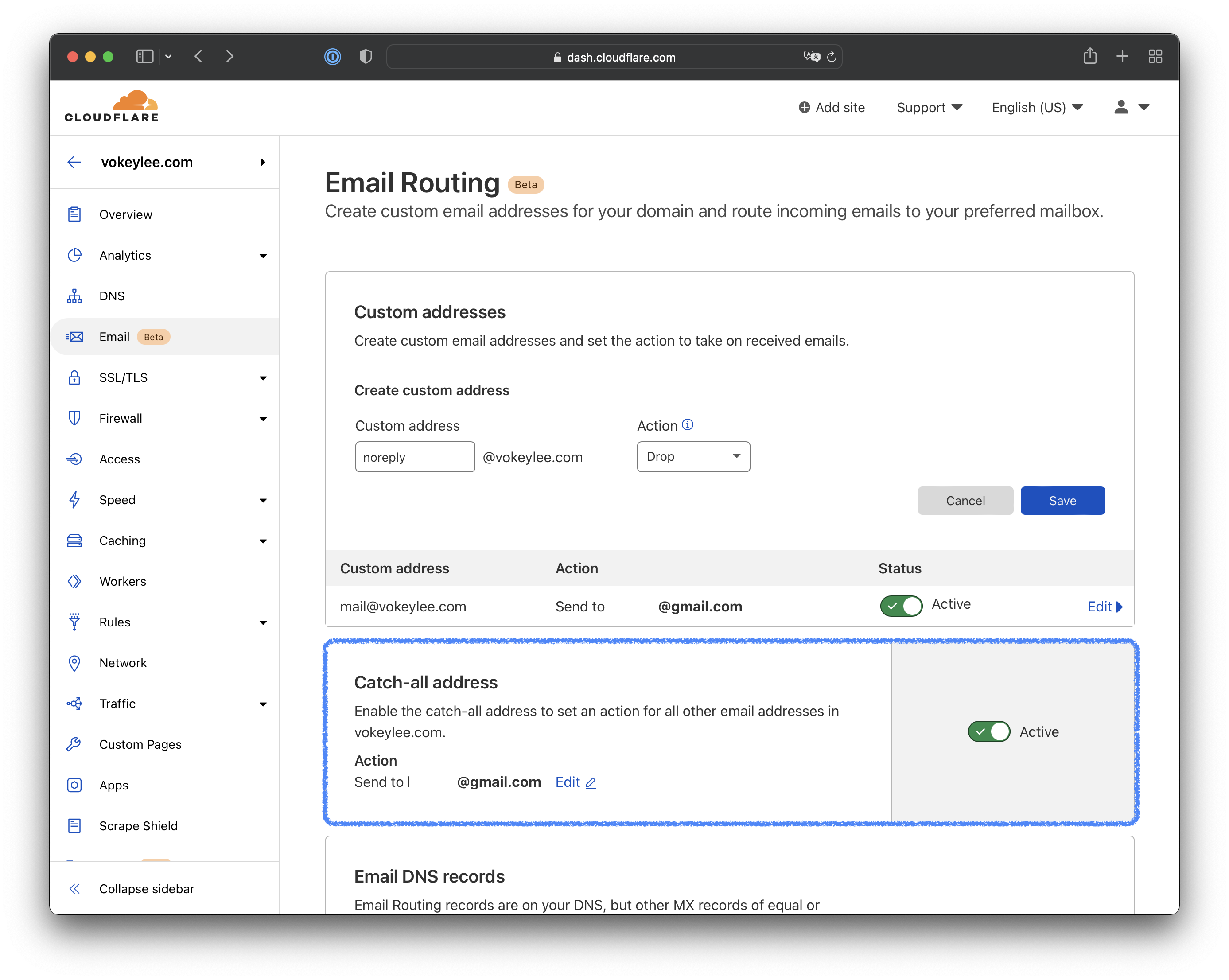 Cloudflare Email Routing setting page.
